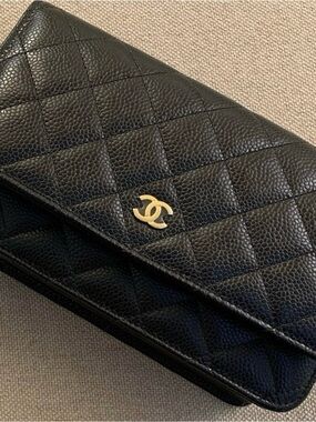 Chanel WOC Quilted Caviar Leather Wallet Clutch in Black with Gold CC